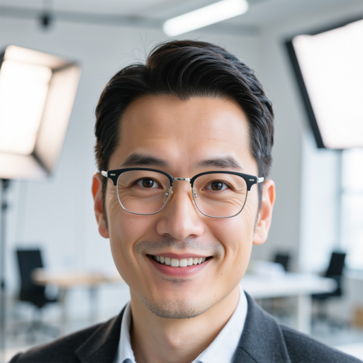 资深光通信技术专家，戴眼镜，西装革履，背景为实验室